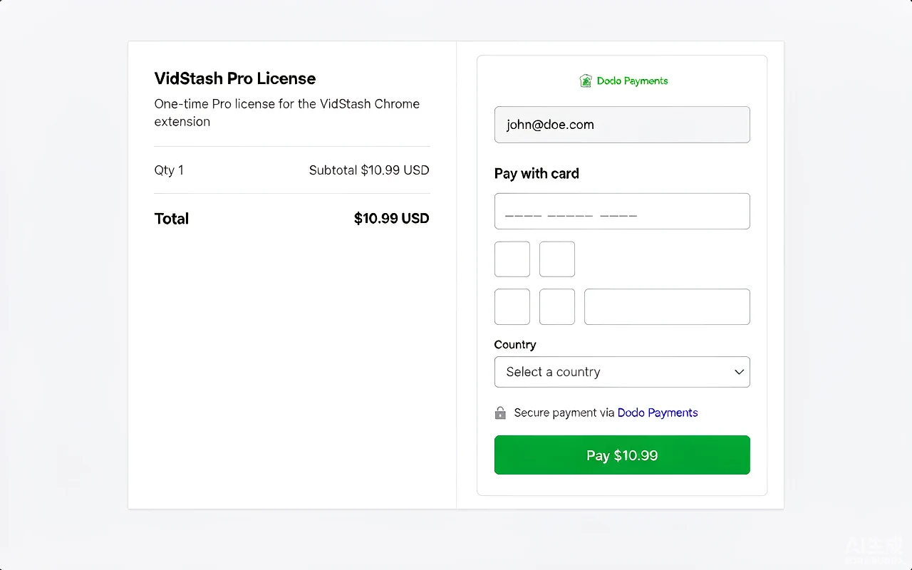 Dodo Payments checkout page with the VidStash Pro License order summary and payment form