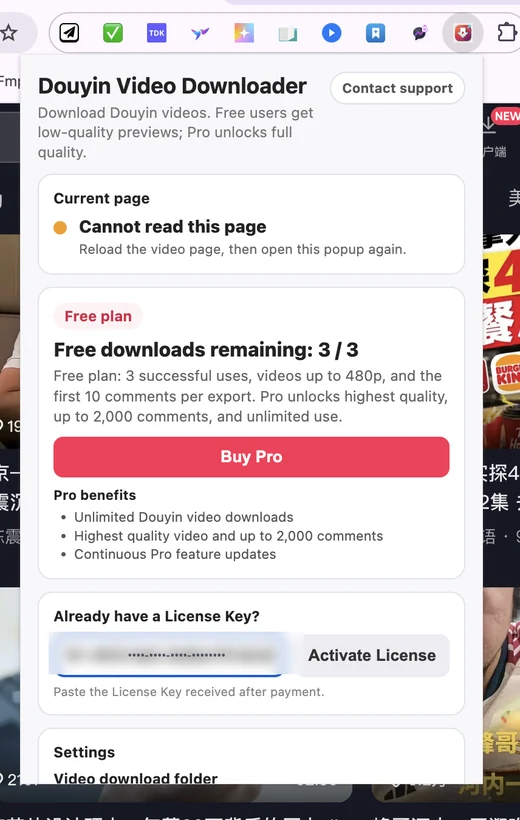 Extension popup showing the license key input field and Activate License button
