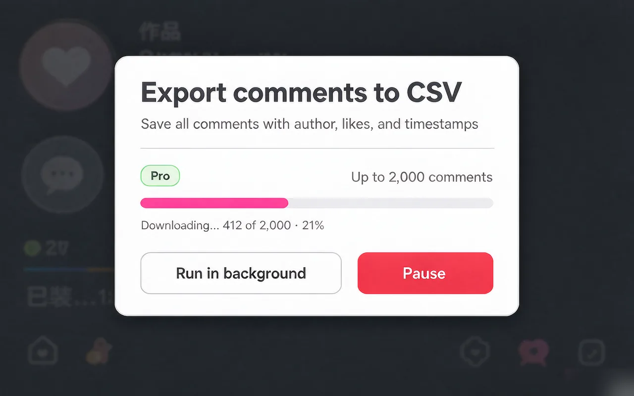 Export comments to CSV dialog showing progress of 412 of 2,000 comments